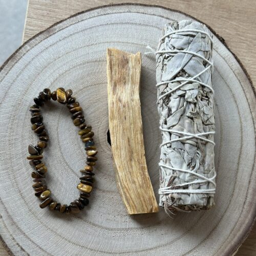 pack purificacion, palo santo, ojo de tigre y salvia blanca